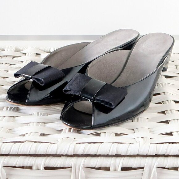 Stuart Weitzman Black Patent Leather Peep Toe Low Heel Mules Slip-on Pump Shoe 8 - Picture 12 of 16